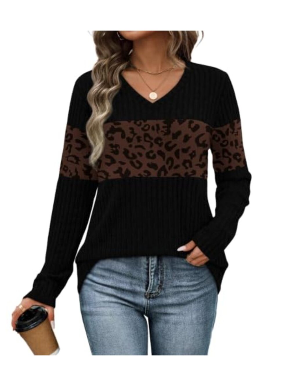 Womens Color Block V Neck Long Sleeve Sweater Top Lightweight Fall Pullover